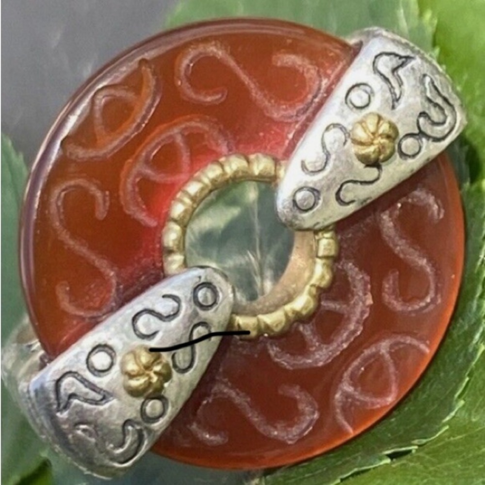 Sterling Silver Yellow Gold Vintage Ring Carved Jade Bi-Disc - Picture 2 of 4